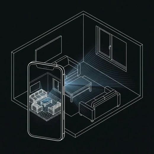 SpaceCraft LiDAR scanning a room — isometric view